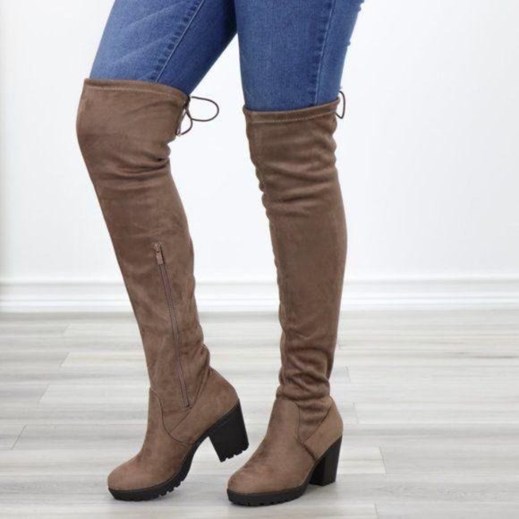 Taupe Thigh High Suede Boots Lug Chunky Heel - Picture 2 of 15
